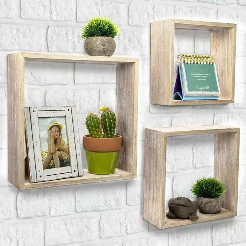 Set 3 Mensole da Parete Moderne Design Cubo Mensola Scaffale in Legno MDF Beige Occasione