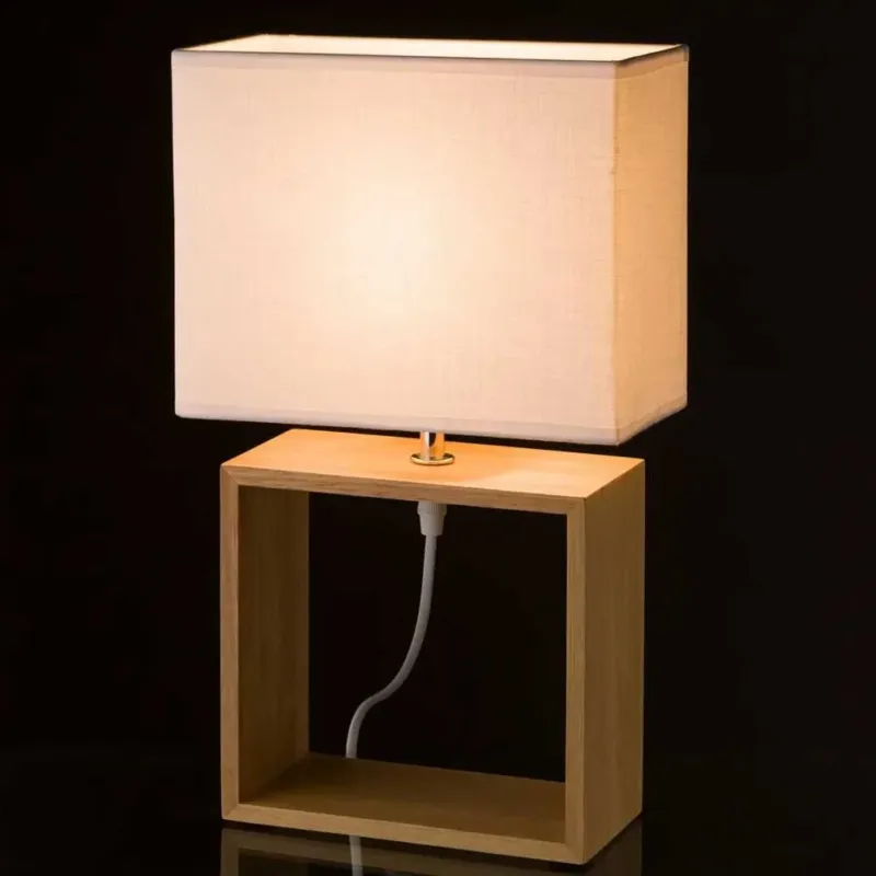 Lampada da Tavolo Lume da Comodino in Legno e Tessuto Bianco Abatjour 41cm Offerta Del Giorno