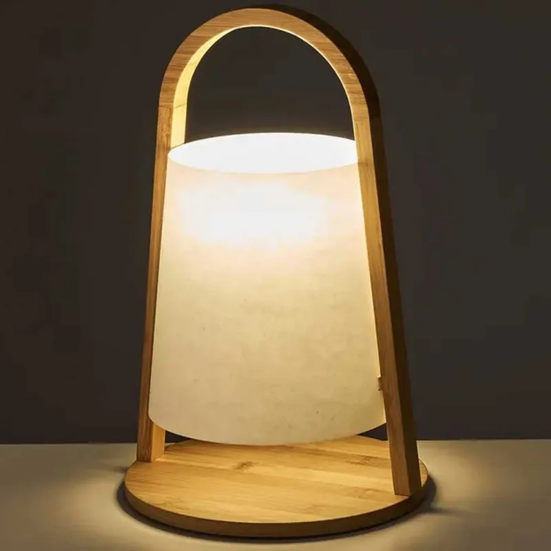 Lampada da Tavolo Lume da Comodino in Legno Bamboo e Fibra Carta Bianco Abatjour Popolare
