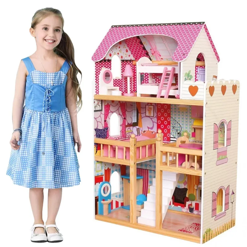Promo Stagionale Casa Bambole in Legno Giocattolo Bambini 3 piani con Mobili e Accessori 60x30x90