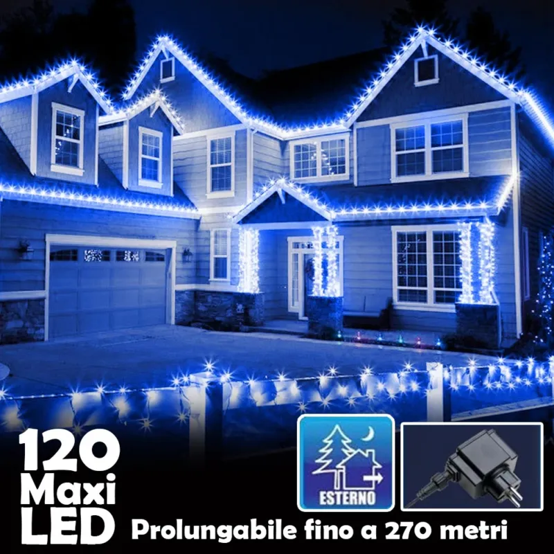 Catena Luminosa Natalizia 120 Led Luce Blu con Flash 9mt Esterno Prolungabile Reso Gratuito