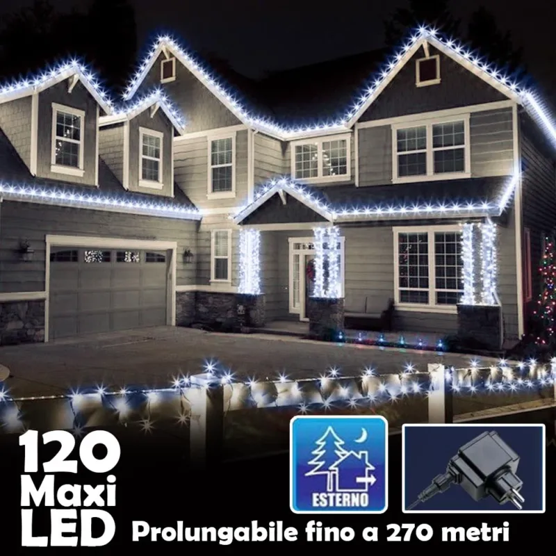 Nuovo Arrivo Catena Luminosa Natalizia 120Led Bianco Freddo cn Flash 9mt Esterno Prolungabile