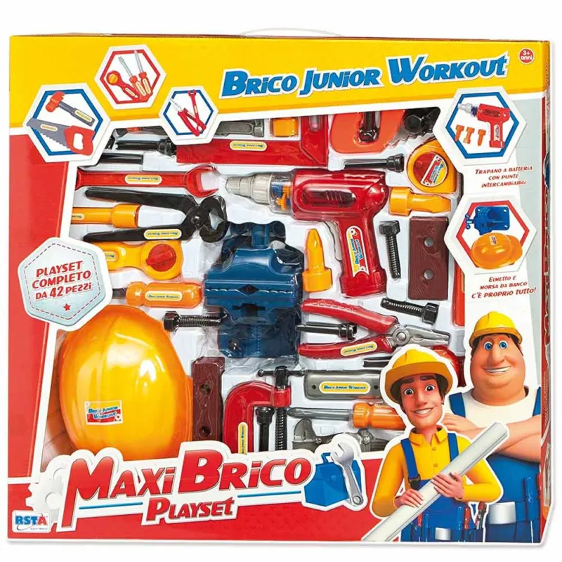 Prezzo Ridotto Playset Maxi Brico 42pz Trapano A Batteria Elmetto Attrezzi Lavoro E Accessori