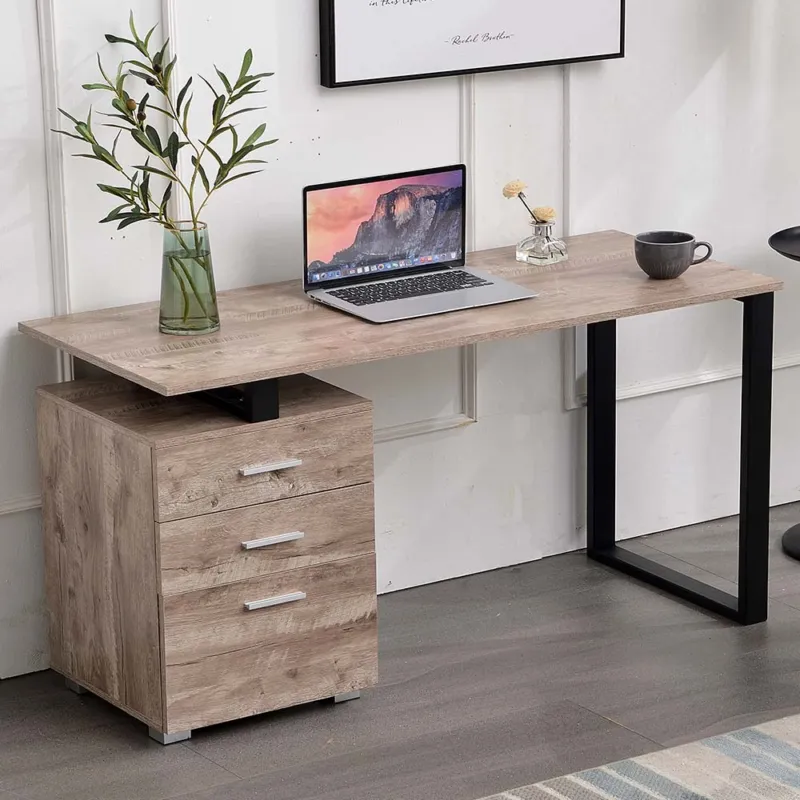 Scrivania con Cassettiera Tavolo Porta Pc Computer Acciaio Legno Ufficio Quercia Prezzo Ridotto