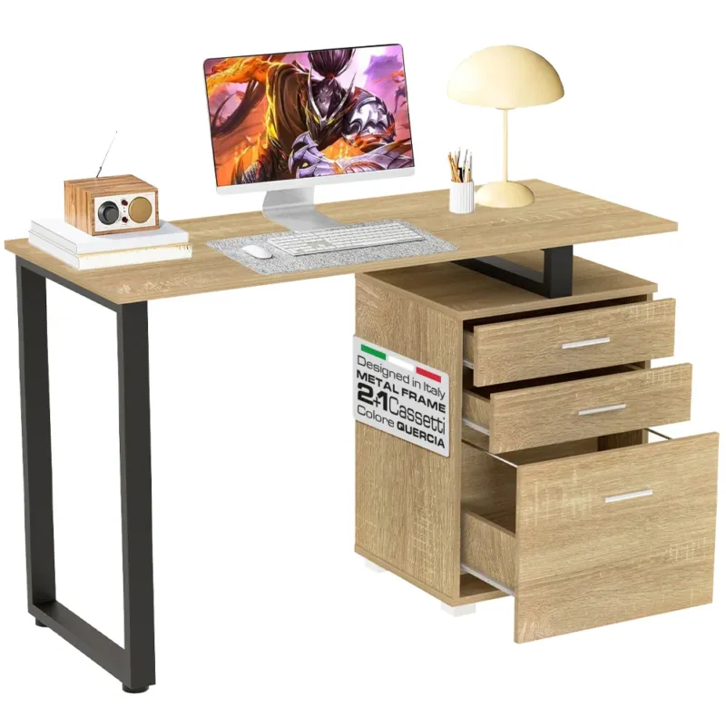 Scrivania con Cassettiera Tavolo Porta Pc Computer Acciaio Legno Quercia Chiaro Nuovo Arrivo