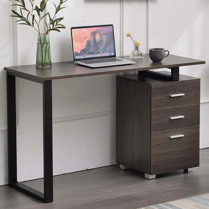Saldi Scrivania con Cassettiera Tavolo Porta Pc Computer Acciaio Legno Quercia Scuro