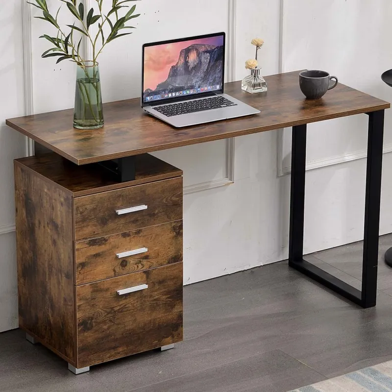 Scrivania con Cassettiera Tavolo Porta Pc Computer Acciaio Legno Ufficio Brown Acquista Ora