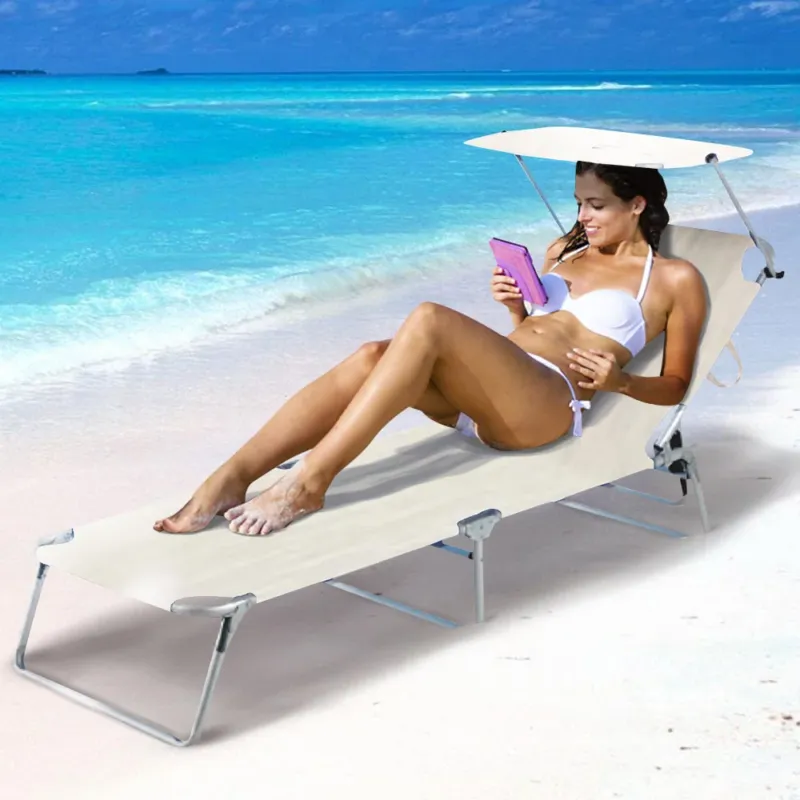 Promozione Lettino Prendisole Pieghevole Mare Spiaggia Sdraio con Tettuccio Parasole Beige