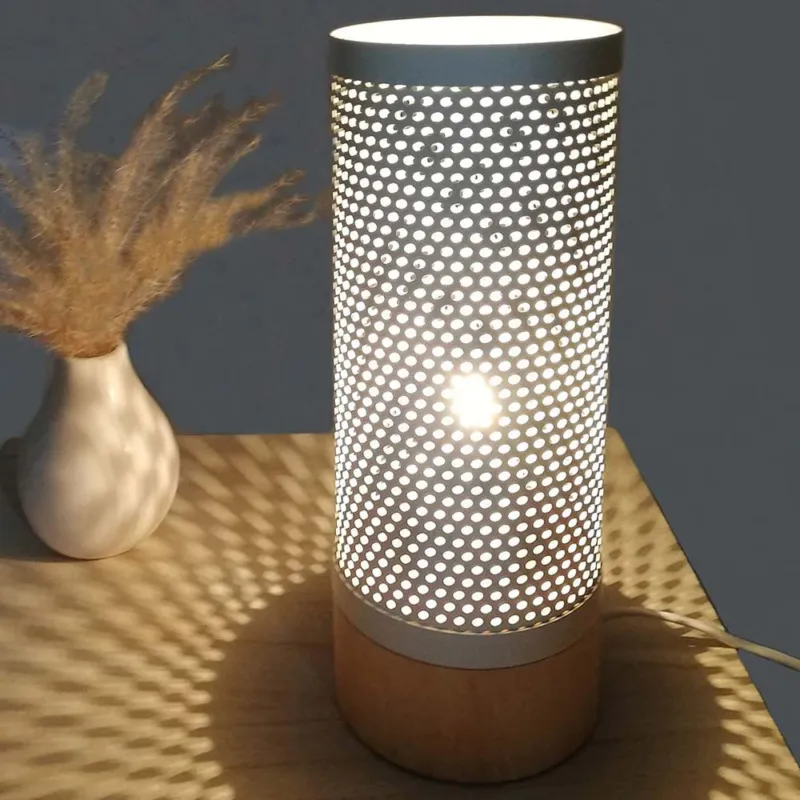 Lampada da Tavolo Lume Comodino Legno e Metallo Bianco Design Moderno Abatjour Novità