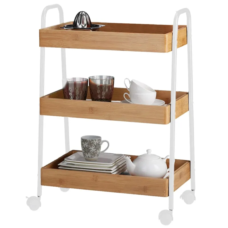 Carrello Trolley Cucina in Metallo 3 Ripiani in legno 4 Ruote Salvaspazio Bianco Quantità Limitata