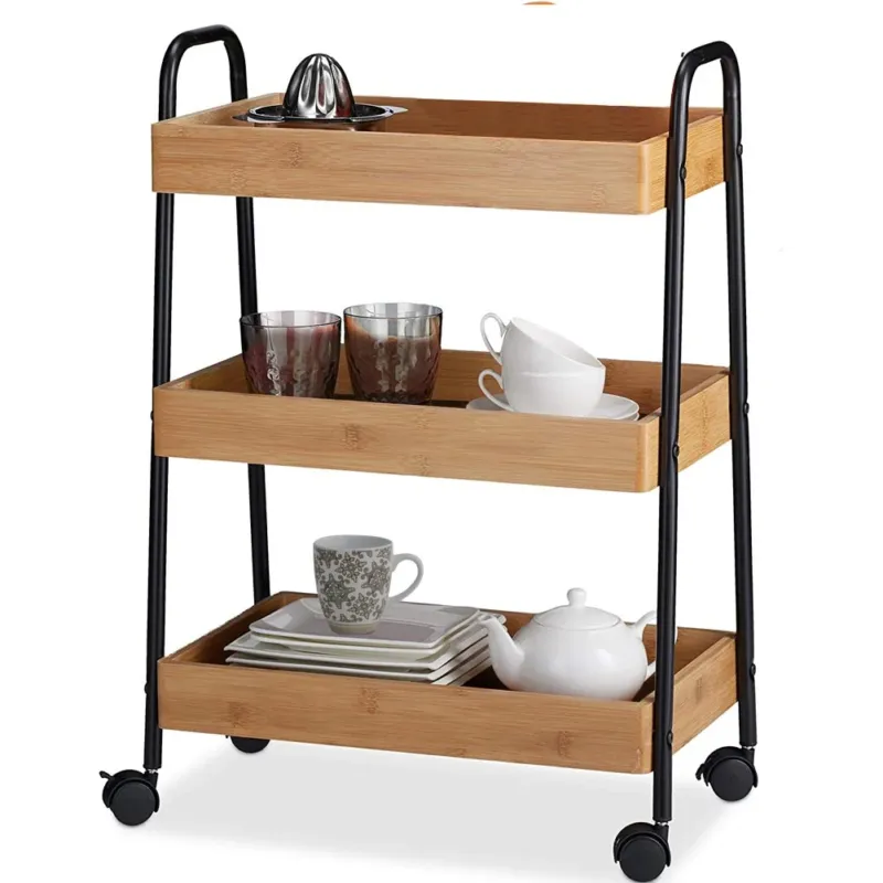 Carrello Trolley Cucina in Metallo 3 Ripiani in legno 4 Ruote Salvaspazio Nero Prezzo Ridotto