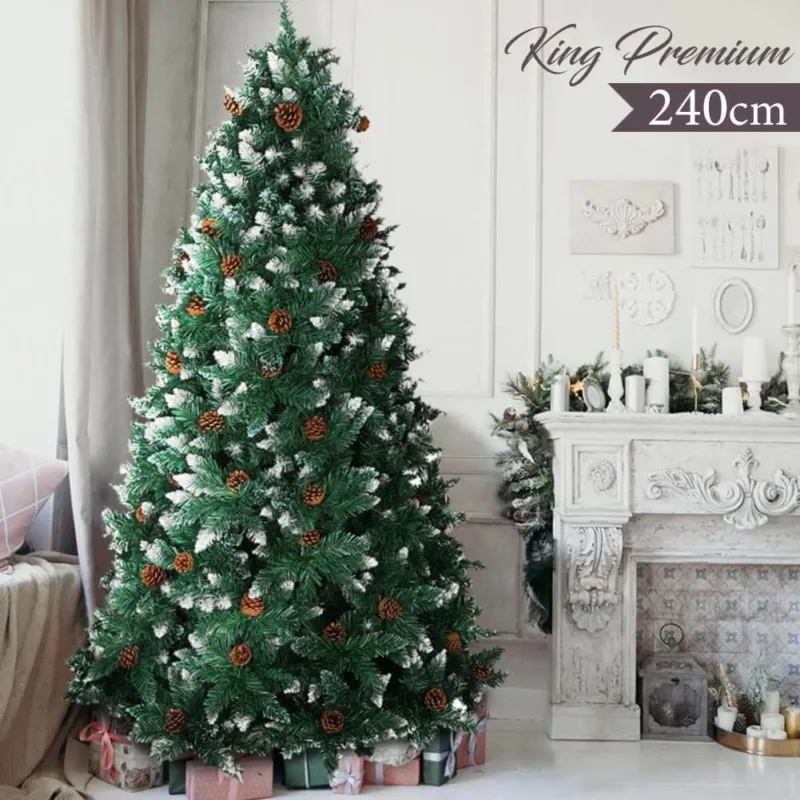 Popolare Albero Di Natale Innevato King Premium 240cm 1433 Rami con Pigne e Base Legno