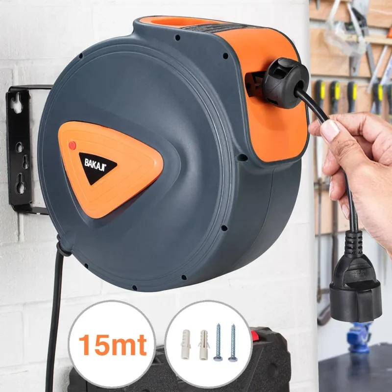 Economico Avvolgicavo Elettrico con Cavo 15mt Prolunga Shucko Avvolgitubo Fissaggio Muro