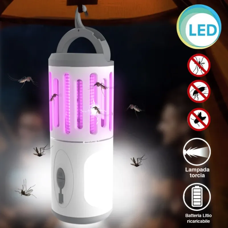Zanzariera Elettrica Lampada Torcia LED Campeggio Anti Zanzar Batteria Litio USB Ordina Subito