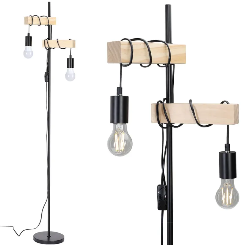 Lampada Piantana da Terra legno e Metallo Design Moderno Industriale 2 Luci E27 Prezzo Conveniente