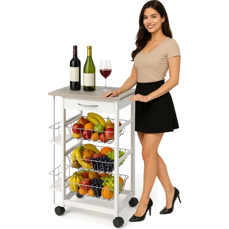 Carrello Cucina in legno 3 Cestelli Acciaio Cassetto e 2 Ripiani Porta Bibite Più Venduto