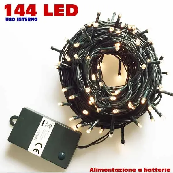 Catena Luminosa 15,5 mt Luci 144 LED Bianco Caldo a batteria con 6 Giochi Luce Vendita Finale