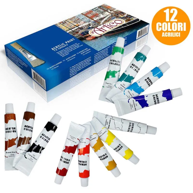 Pittura Acrilica Confezione 12 Pezzi Acquerelli Vari Colori Tubo 12 Ml Artico Vendita Finale