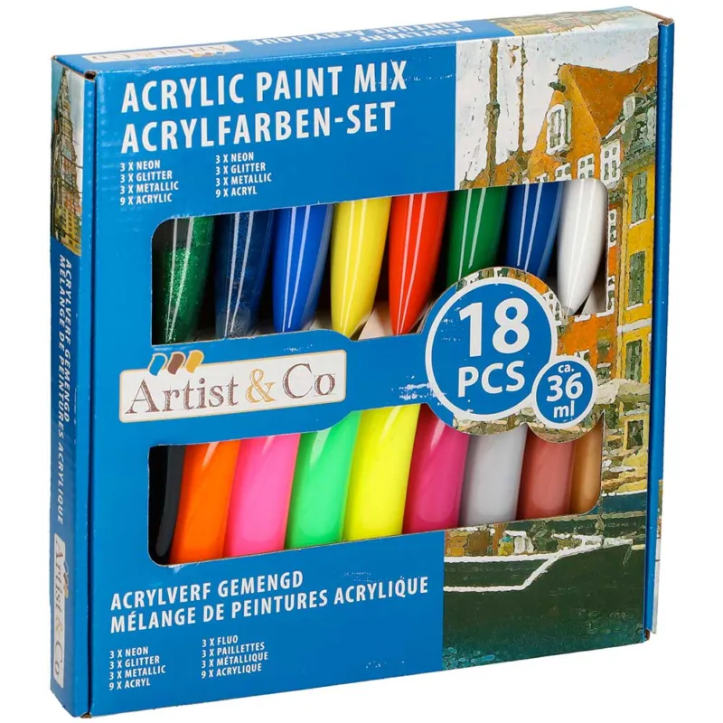 Pittura Acrilica Vernice Confezione 18pz Colori Assortiti Tubetto da 36ml Artico Esclusivo