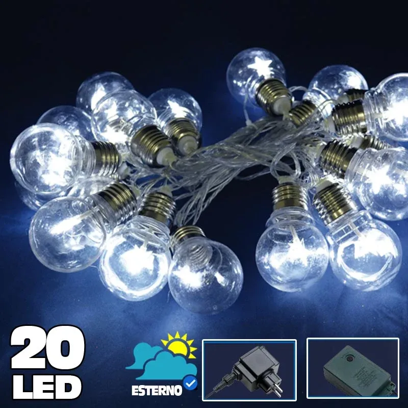 Catena Luminosa 20 Bulbi forma Lampadina Trasparente LED Bianco Freddo Stella Spedizione Espresso