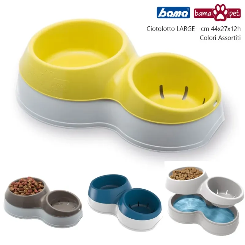 Esclusivo Doppia Ciotola Per Cane + Riserva Acqua Ciottolotto Large Vari Colori Bama Pet