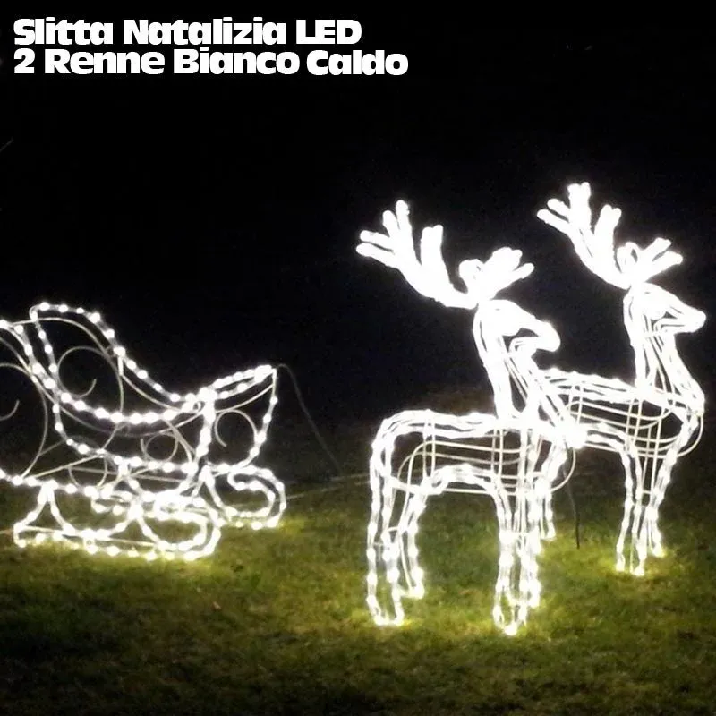 Slitta Natalizia LED Con 2 Renne Luminose Bianco Caldo Uso Interno Ed Esterno Bestseller