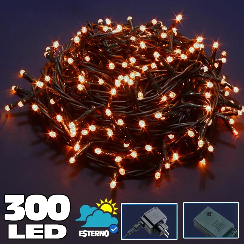 Catena Luminosa 300 LED Bianco Caldo Uso Interno Esterno Con Controller 8 Funz. Sconto