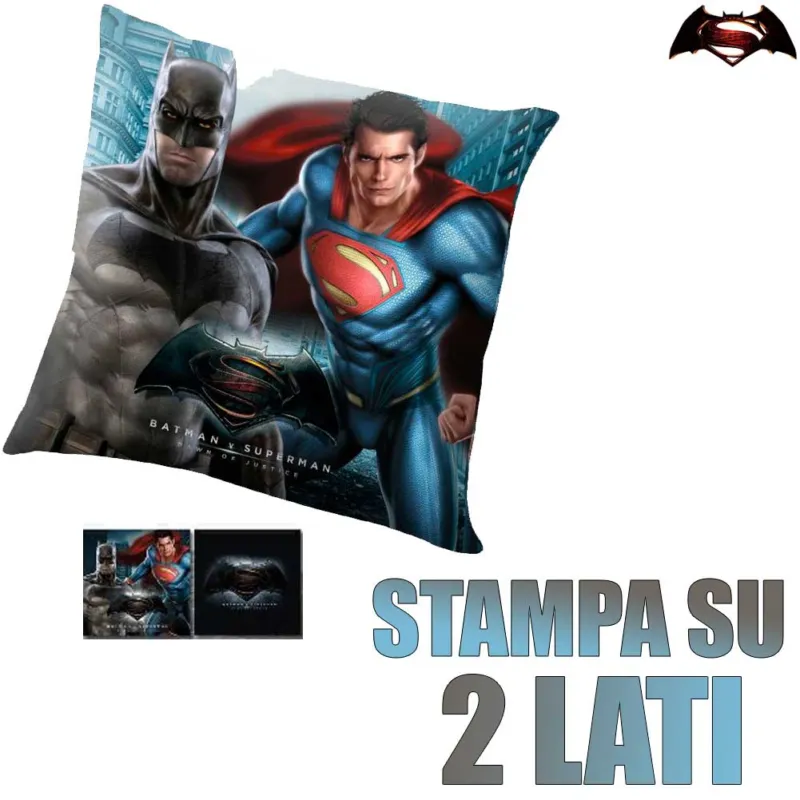 Professionale Cuscino Batman VS Superman 40 x 40 cm a 2 Lati Cameretta Bambini Blu Nero Kids