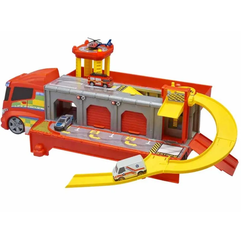 Camion Trasformabile in Pista Con Elicottero Ambulanza e Camion Pompieri Giochi Offerta Speciale