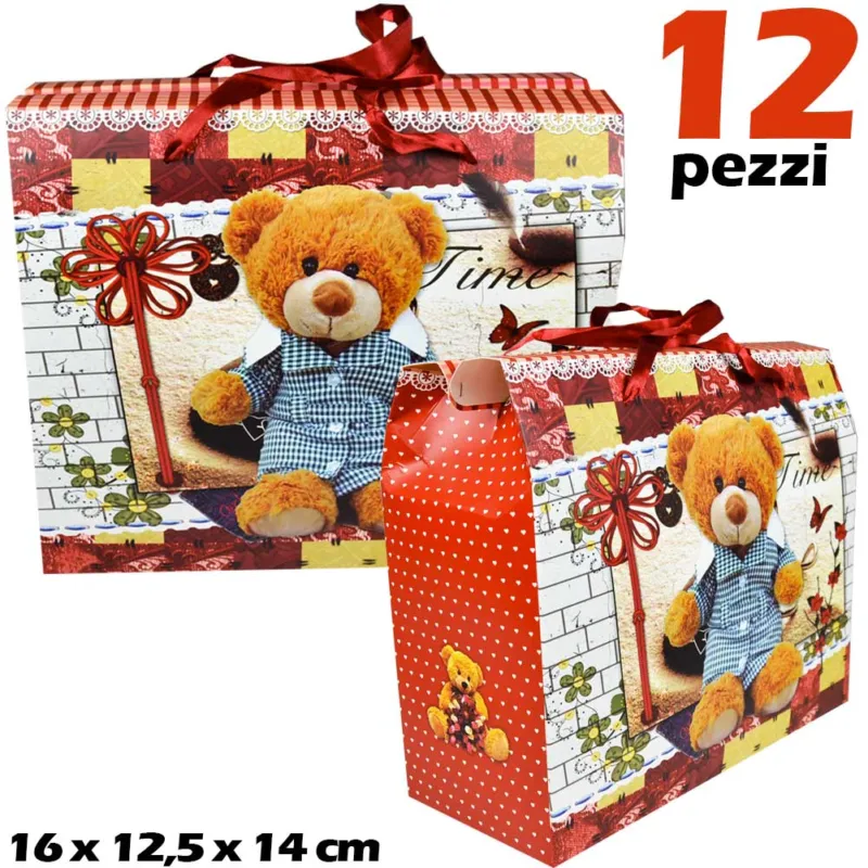 Di Tendenza Buste Sacchetti Regalo Borsetta con Orsetto in Cartoncino 16x12x14 cm (12 Pezzi)