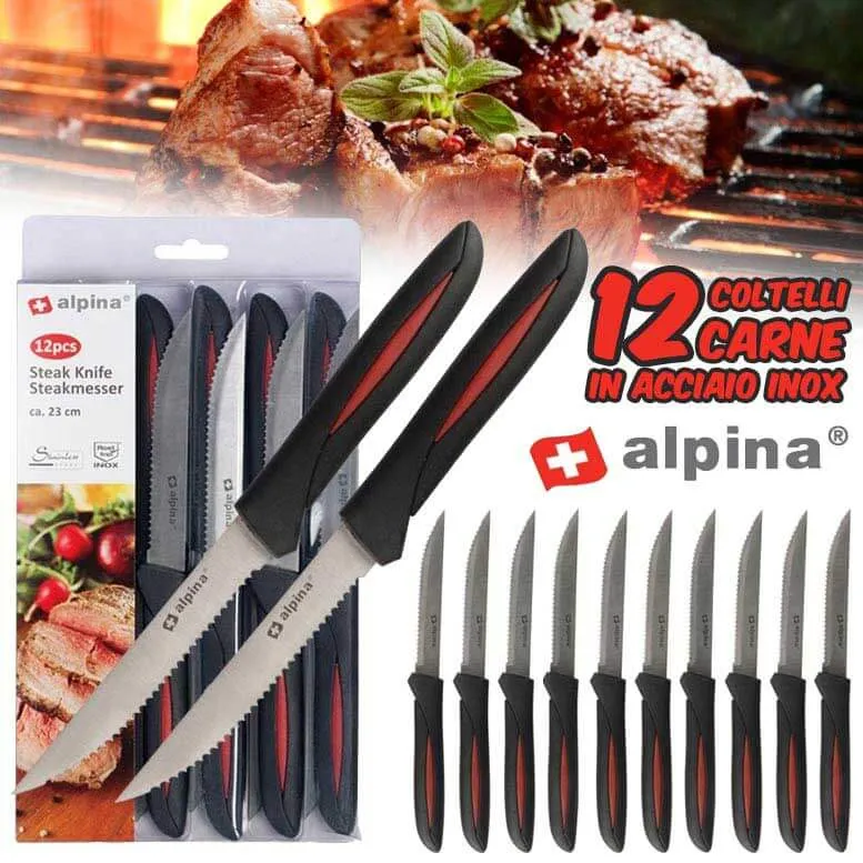 12 Coltelli Per Carne In Acciaio Inox 22,8 cm Coltello Bistecca Barbecue Alpina Offerta