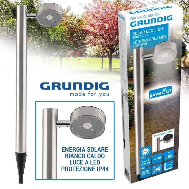 Lampada a 1 LED Energia Solare Acciaio Cromo 65 cm Paletto Luce Giardino Grundig Sconto