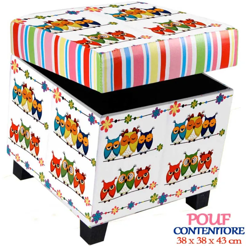 Pouf Contenitore Imbottito con Gufetti Ecopelle Poggiapiedi 38 x 38 x 43 cm Popolare