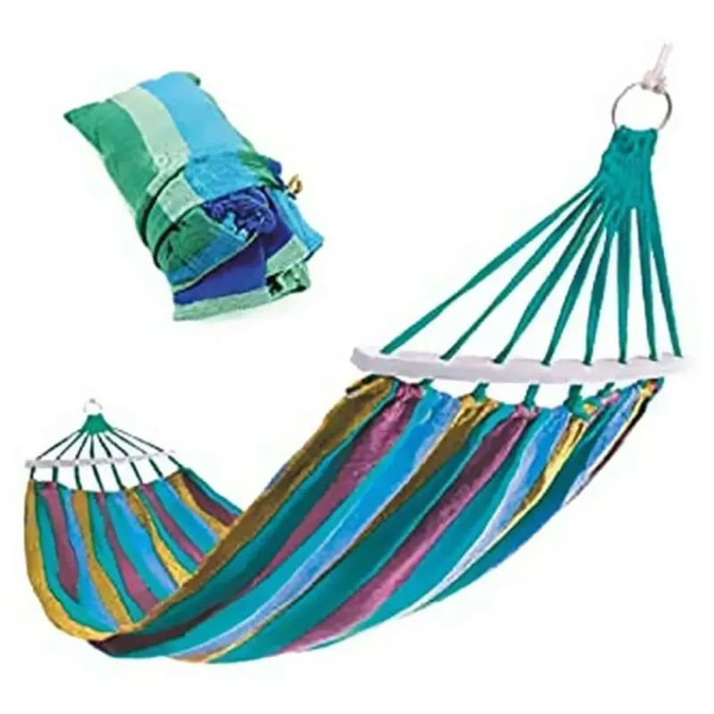 Amaca da Giardino Singola in Legno e Cotone Relax Campeggio 200x40cm Blu Verde Novità