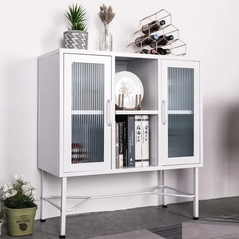 Mobile Madia con 2 Ante Mobiletto Credenza Design Moderno Metallo Vetro Bianco Esclusivo