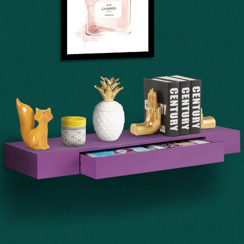 Mensola Cassetto Sospeso da Parete Scaffale in Legno MDF Viola 80x25x8cm Offerta Del Giorno