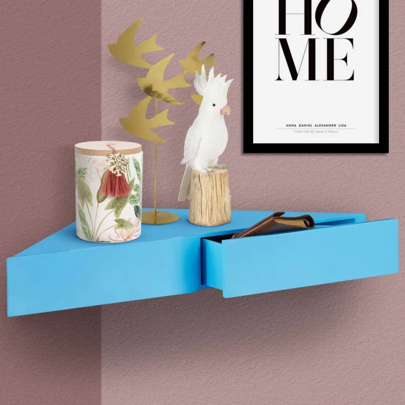 Mensola Doppio Cassetto Angolo Sospeso Parete Scaffale Angolare Legno MDF Blu Promozione