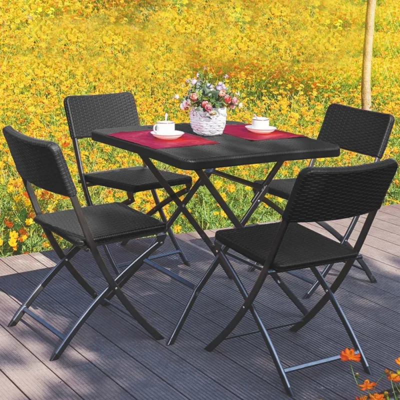 Set Tavolo + 4 Sedie Pieghevole Arredo Esterno Giardino in Polyrattan Nero Scelto Dai Clienti
