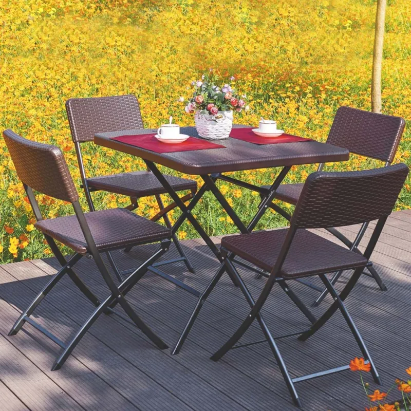 Set Tavolo + 4 Sedie Pieghevole Arredo Esterno Giardino in Polyrattan Coffee Offerta Speciale