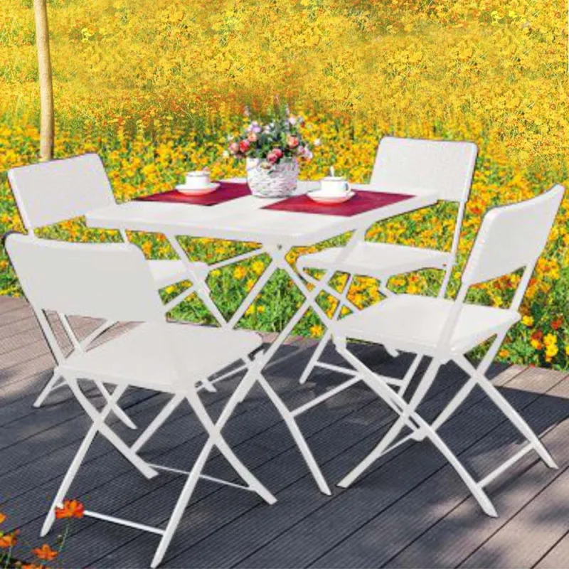 Offerta Lampo Set Tavolo + 4 Sedie Pieghevole Arredo Esterno Giardino in Polyrattan Bianco