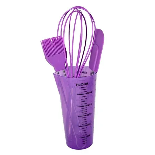 Set Mestoli Da Forno Con Misurino Frusta Pennello e Spatola In Silicone Viola Professionale