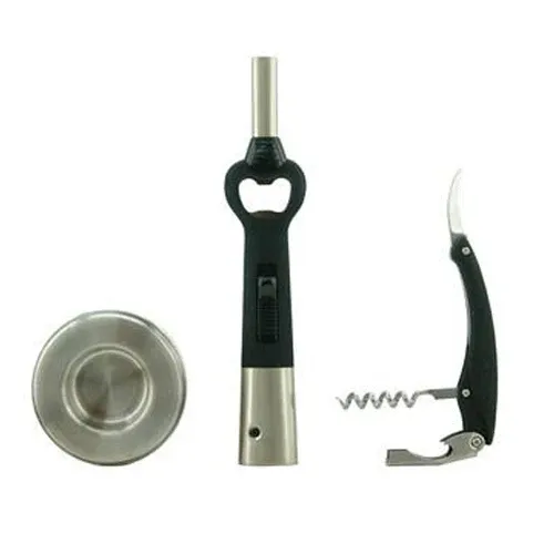 Promozione Esclusiva Set 3 Pezzi Accendino Accendigas Con Apribottiglie Professionale In Acciaio Nero