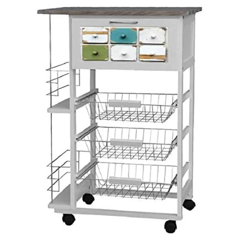 Popolare Carrello Cucina Legno 3 Cestelli + Cassetto Portapane + Ripiani Portabottiglie