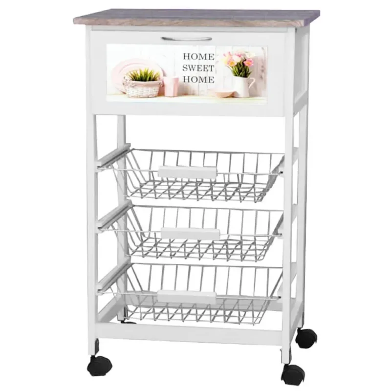 Carrello Cucina in Legno MDF 3 Cestelli in Acciaio e Cassetto Portapane 83 cm Prezzo Basso