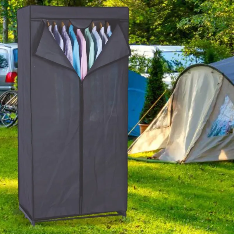 Armadio in Tessuto TNT Guardaroba Asta Appendiabiti Campeggio 75x50x160cm Grigio Esclusivo