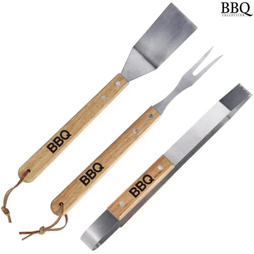 Set 3 pezzi Utensili Barbecue in Acciaio e Legno Accessori Attrezzi BBQ Tools Direttamente Dal Produttore