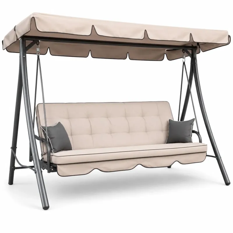 Pagamento Sicuro Dondolo Grande Giardino 3 Posti Reclinabile Letto Altalena Panama Tessuto Beige