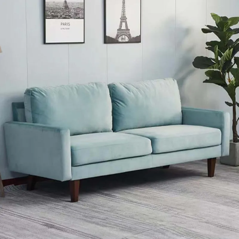 Divano Azzurro in Velluto per Salotto Gambe di Legno Seduta Imbottita Ergonomica Esclusivo