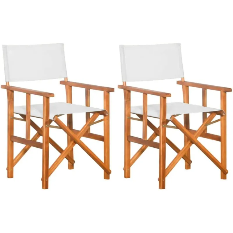 Set 2 Sedie Pieghevoli Seduta e Schienale in Tessuto Bianco e Struttura Acacia Saldi