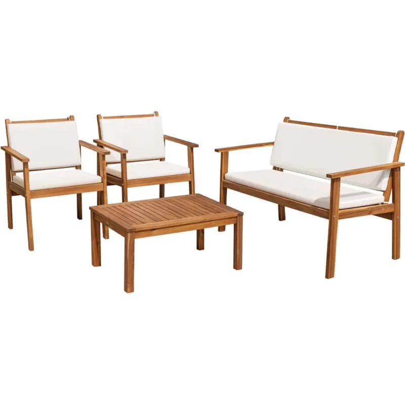 Compra Adesso Set Patio 4 Mobili da Giardino Portico in Legno di Acacia Tavolino Basso e Sedie